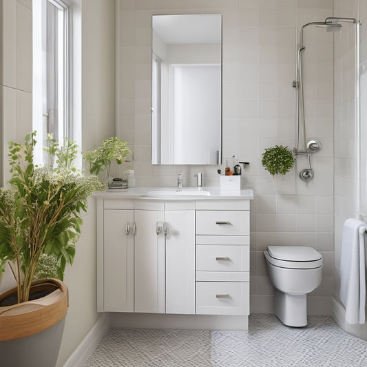 A serene, modern bathroom with a compact, wall-mounted corner storage cabinet featuring soft-close doors, chrome handles, and a mirrored front, surrounded by creamy white tiles and a minimalist sink.