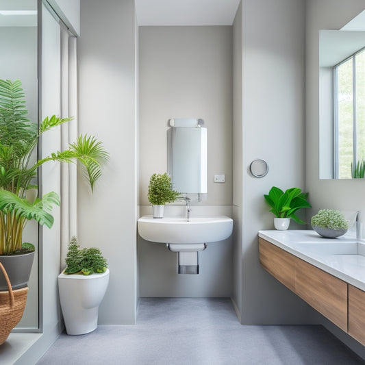 A modern bathroom with a wall-mounted pendant sink, chrome faucet, and minimalist mirror above, surrounded by sleek gray walls, polished concrete floor, and a few strategically placed potted plants.