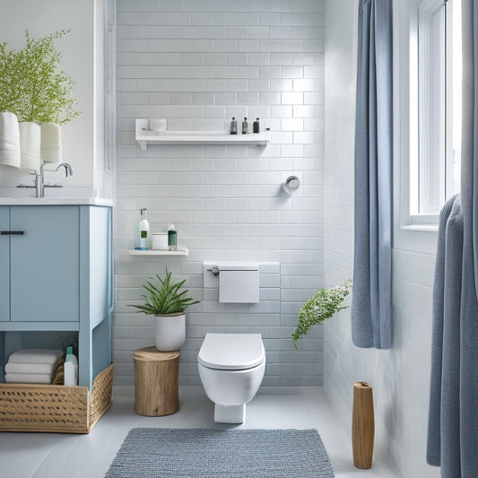 A serene, minimalist small bathroom with a wall-mounted toilet, a compact sink, and a glass-enclosed shower, featuring a recessed medicine cabinet, a woven storage basket, and a few carefully placed decorative elements.