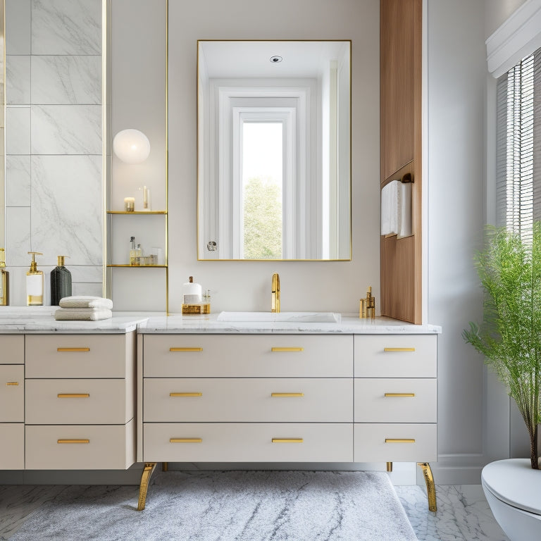 A modern, sleek bathroom with a wall-mounted cabinet featuring soft-close drawers and shelves, surrounded by marble countertops, a freestanding tub, and a large, frameless mirror.