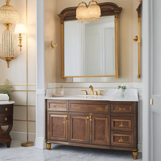 A luxurious bathroom cabinet with ornate gold hardware, soft-close drawers, and a rich, dark wood finish, set against a crisp white background with a subtle marble countertop and elegant pendant light.