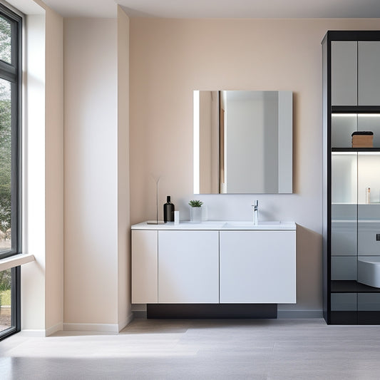 Generate an image of a sleek, modern bathroom with a wall-mounted sink, showcasing a pedestal storage unit, a slide-out drawer, and a recessed cabinet underneath, amidst a minimalist backdrop.