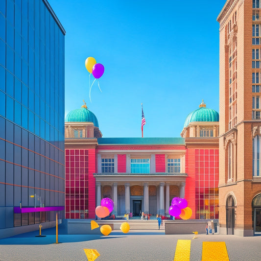 A colorful illustration of the Seattle Art Museum's exterior, with confetti and balloons floating out of the entrance, surrounded by a subtle cityscape and a bright, sunny sky.