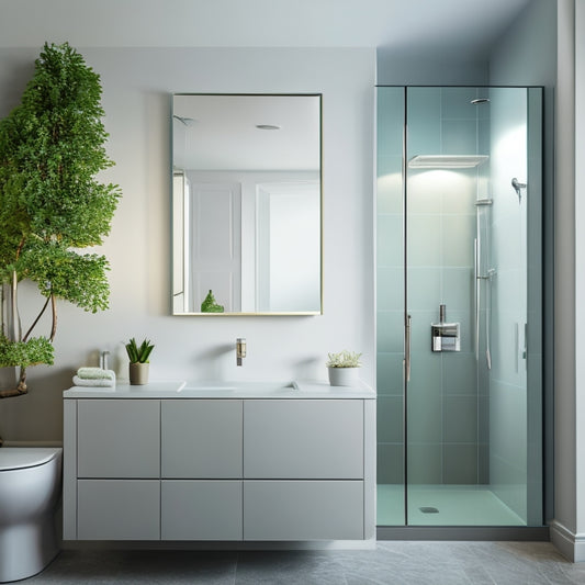 A modern bathroom with a large, rectangular mirror above a sleek, wall-mounted sink, featuring a frameless medicine cabinet with a mirrored door, mounted both recessed into the wall and surface-mounted beside it.