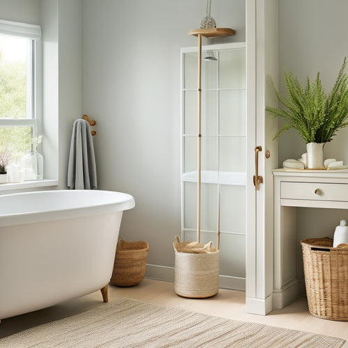 A serene, light-filled bathroom with a freestanding tub, featuring a minimalist shelving unit, woven baskets, and a simple, wall-mounted cabinet in a calming, monochromatic color scheme.