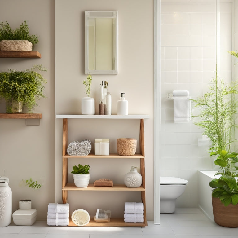 A serene bathroom with creamy white walls, featuring a mix of floating shelves in various shapes and sizes, holding toiletries, plants, and decorative items, against a soft, natural light background.