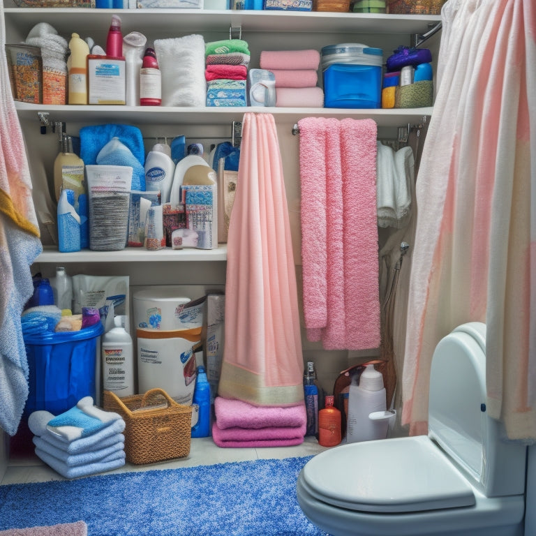 A messy bathroom closet with a tangled heap of bed linens spilling out, surrounded by toiletries and towels, with a few stray sheets draped over the shower curtain rod.