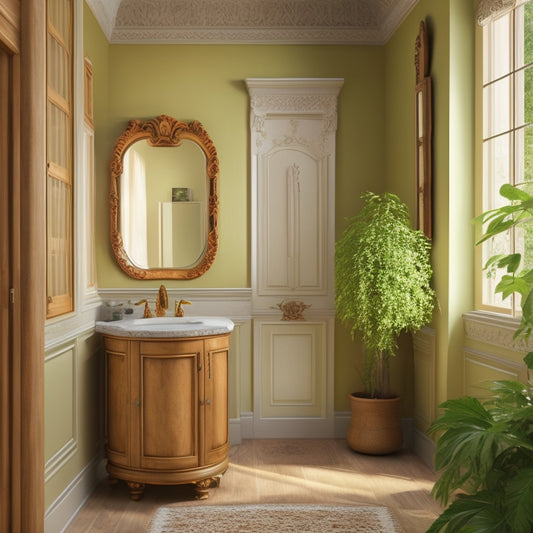 A serene bathroom with cream-colored walls, featuring a wooden wall cabinet with a large, rounded mirror and ornate carvings, illuminated by soft, warm lighting and surrounded by lush greenery.