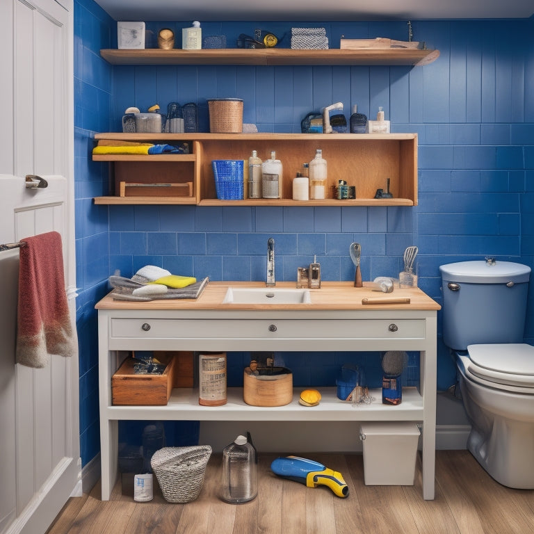 A partially open bathroom cabinet with a roll-out shelf, surrounded by various tools and materials, including a tape measure, level, drill, and wooden planks, on a cluttered countertop with a sink in the background.