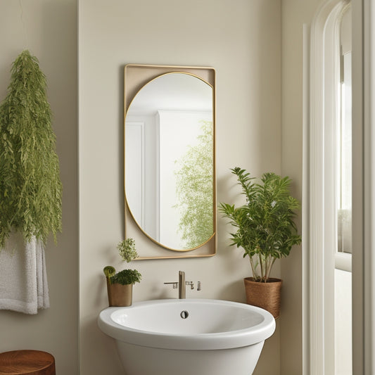 A serene, minimalist bathroom with soft, creamy walls, featuring a large, circular mirror above a sleek, wall-mounted sink, surrounded by three, framed, botanical prints in varying sizes.