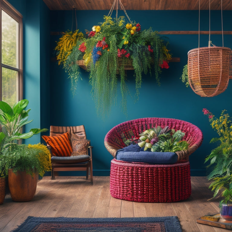 A cozy, modern living room with a distressed wooden wall, featuring a colorful, intricately crocheted hanging basket suspended from the ceiling, overflowing with lush greenery and vibrant flowers.