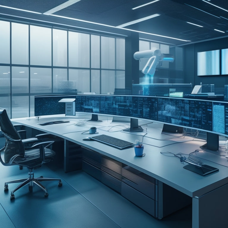 An illustration of a futuristic office with sleek, minimalist desks and chairs, surrounded by holographic screens displaying flowcharts, calendars, and data analytics, with robotic arms efficiently sorting files.