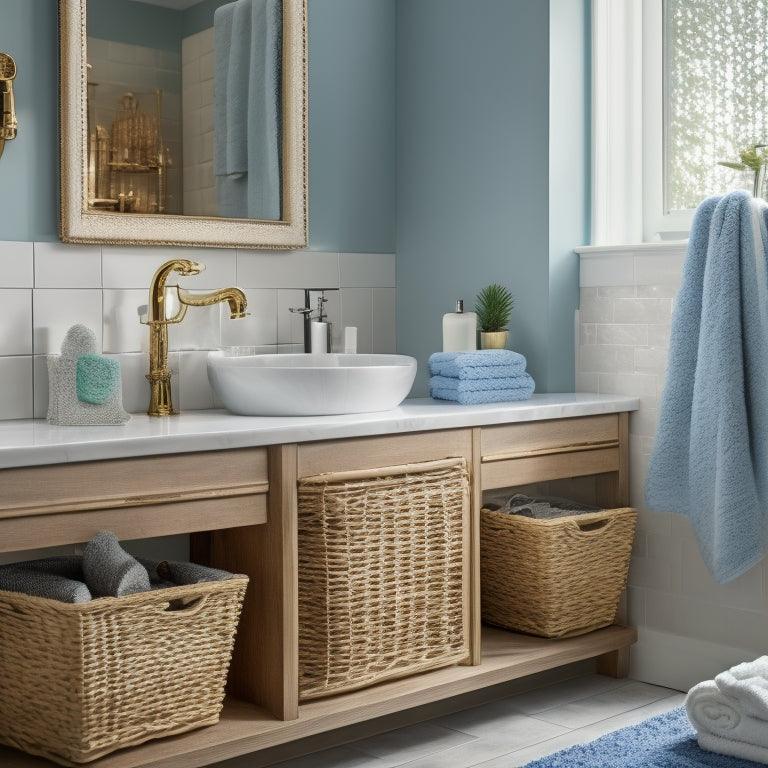 A clutter-free bathroom with a double sink vanity, where two toothbrushes sit in separate holders, and towels are rolled and stored in a woven basket on a shelf above the sink.