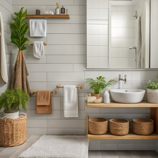 A tidy, minimalist bathroom with a double sink vanity, a few towels hung neatly on a wooden rack, a woven basket holding toilet paper rolls, and a few decorative plants on a shelf above the sink.