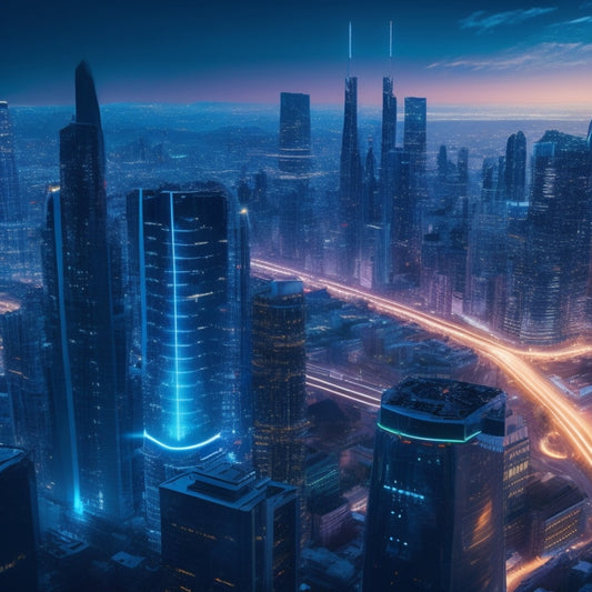 A futuristic cityscape with sleek skyscrapers, robotic arms, and holographic projections, surrounded by a network of glowing blue circuits, symbolizing innovative business solutions and technological advancements.