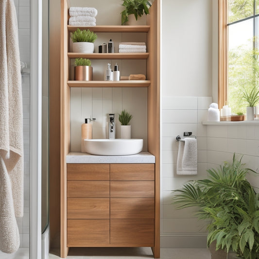 A sleek, modern bathroom with a stylish rotating storage unit made of light wood, featuring neatly organized towels, toiletries, and plants, set against a clean, minimalist backdrop with soft, natural lighting.