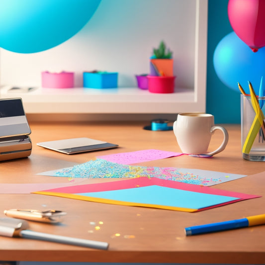 A stylized, modern desk with a blank blueprint paper, a cup of steaming coffee, and a few colorful pens scattered around, surrounded by subtle, shimmering confetti and a hint of celebratory atmosphere.