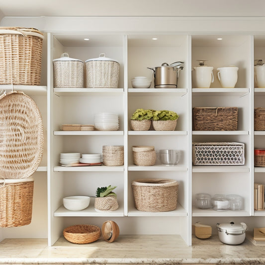 A tidy, modern kitchen cabinet with soft, warm lighting, featuring three adjustable shelves with woven wicker baskets in various sizes, filled with kitchen utensils and cookbooks, against a clean, white background.