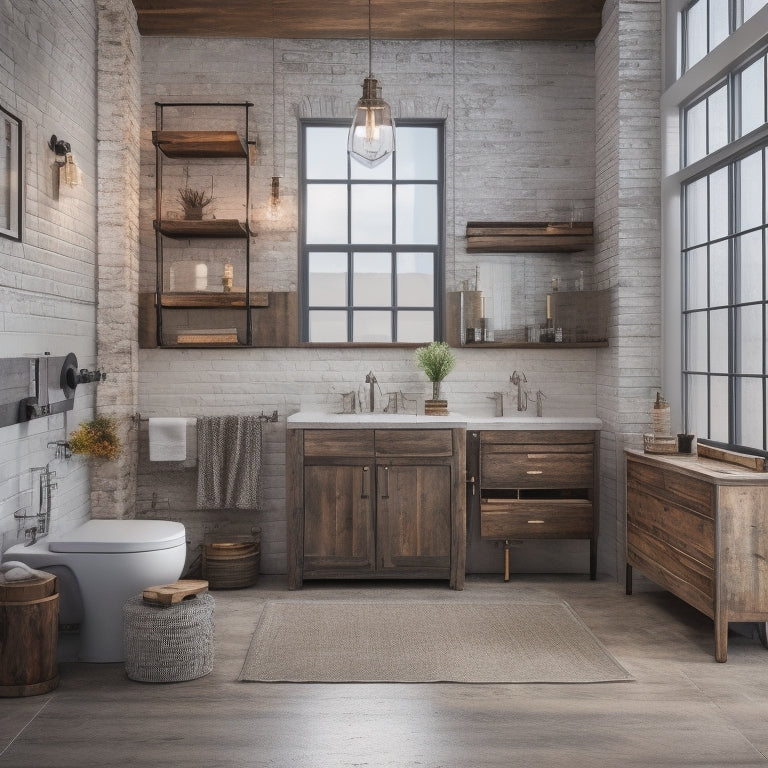 Industrial-style bathroom with metal cabinets, open shelving, reclaimed wood accents, and exposed Edison bulbs, featuring industrial-chic fixtures and a neutral color palette.