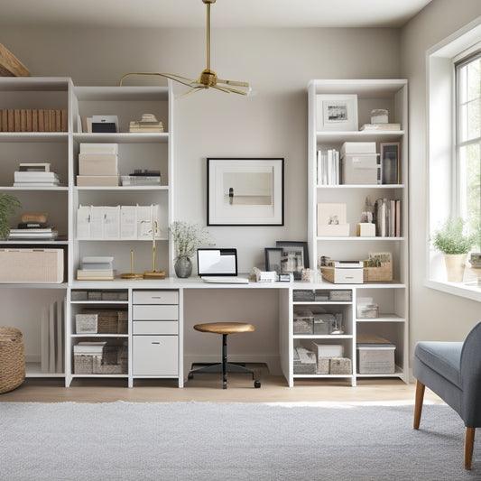 A serene and organized home office with a sleek, minimalist desk, surrounded by floor-to-ceiling shelves filled with labeled storage bins, baskets, and neatly stacked books.