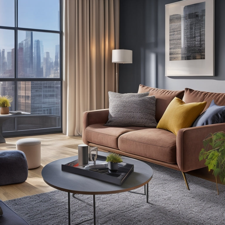 A modern living room with a smartphone on a coffee table, surrounded by various interior design elements, such as fabrics, paint swatches, and furniture catalogs, with a subtle cityscape outside the window.