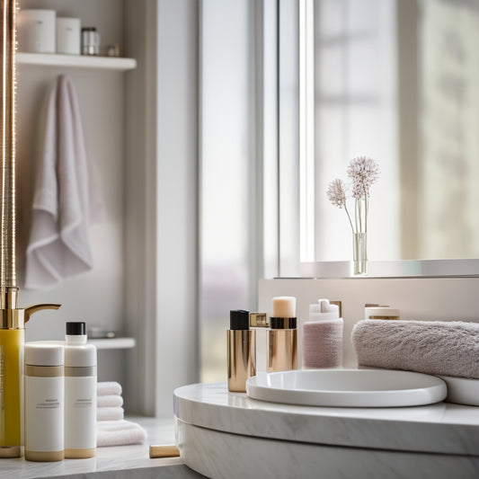 A modern bathroom featuring sleek rotating organizers filled with colorful toiletries, neatly arranged makeup, and luxurious towels, surrounded by elegant decor and soft natural light streaming through a frosted window.