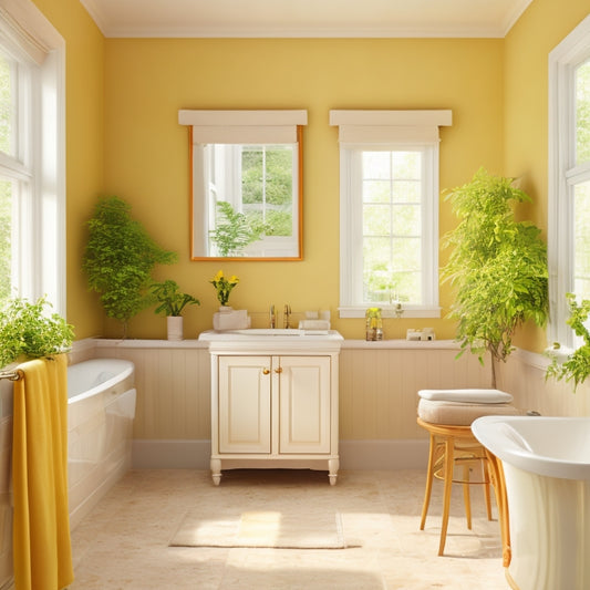 A bright, airy bathroom scene with soft, citrusy yellow walls, crisp white fixtures, and vibrant coral accents, surrounded by lush greenery and flooded with natural light.