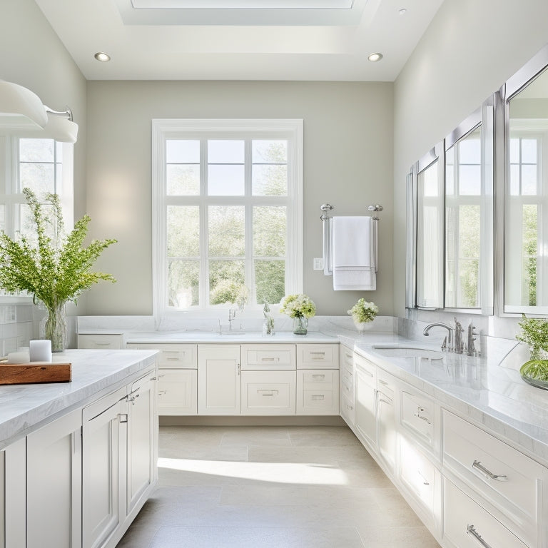 A bright, airy bathroom featuring floor-to-ceiling white cabinets with soft-close drawers, polished chrome hardware, and sleek countertops, surrounded by natural light pouring in through a large skylight above.