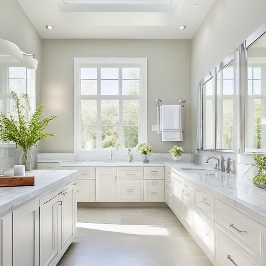 A bright, airy bathroom featuring floor-to-ceiling white cabinets with soft-close drawers, polished chrome hardware, and sleek countertops, surrounded by natural light pouring in through a large skylight above.