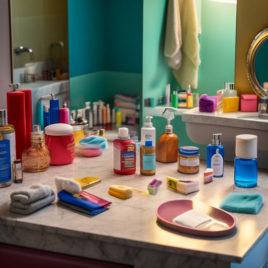 A chaotic bathroom countertop with toiletries, cosmetics, and personal care items scattered haphazardly, with a cluttered mirror in the background and a few scattered towels on the floor.