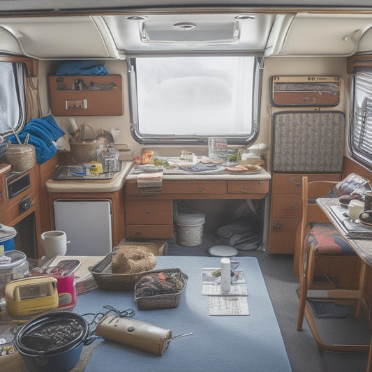 A cluttered RV interior with scattered tools, diagrams, and empty manual binders, surrounded by frustrated owners scratching their heads, amidst a backdrop of neglected RV systems and broken appliances.