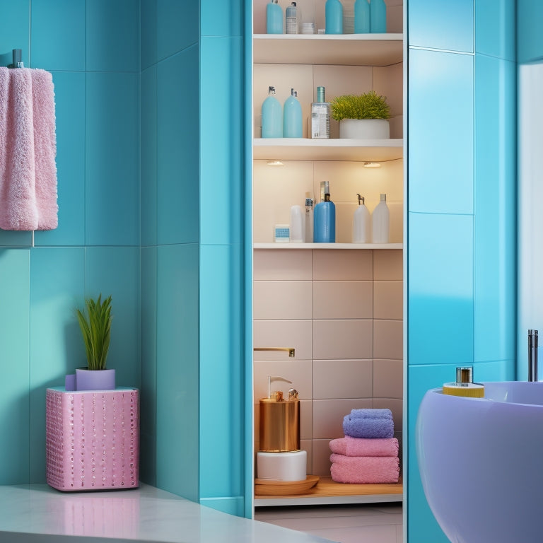 A modern bathroom scene featuring sleek compact shower caddies in various colors, neatly organized with toiletries, surrounded by a stylish tiled shower enclosure, soft lighting highlighting their practicality and elegance.