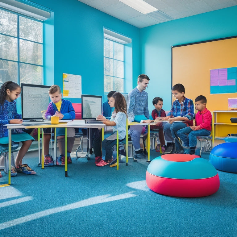 A vibrant, modern classroom with diverse kids aged 8-12, engaged in collaborative learning activities, surrounded by laptops, tablets, and colorful educational materials, amidst a bright, airy, and minimalist background.