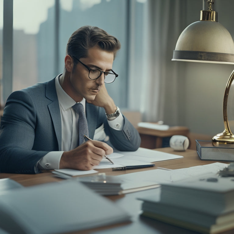 A calm, focused individual sitting at a desk, surrounded by neatly organized study materials, with a subtle background of a clock and a subtle hint of a certificate in the corner, symbolizing success.