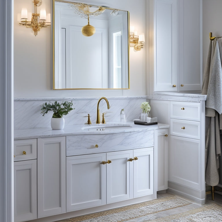 A serene bathroom scene with a sleek, white, double-sink cabinet featuring ornate gold hardware, surrounded by marble countertops, and illuminated by soft, warm lighting.