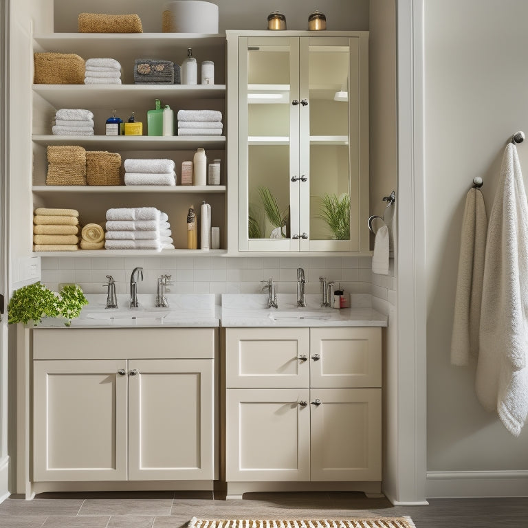 A tidy, well-lit bathroom with a sleek, wall-mounted cabinet featuring multiple adjustable shelves, baskets, and drawers, showcasing various bathroom essentials like towels, toiletries, and skincare products.