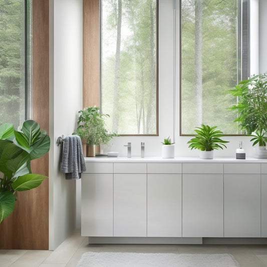 A serene minimalist bathroom featuring sleek, white cabinetry, a floating vanity with a natural wood finish, a frameless glass shower, and soft ambient lighting reflecting off polished tiles, surrounded by lush green plants.