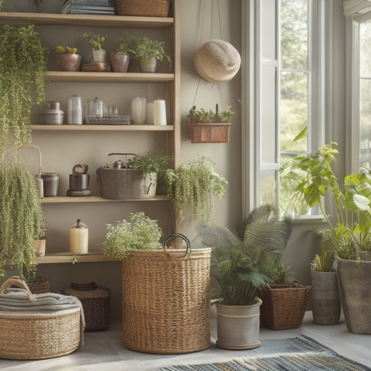 A clutter-free corner of a room with a few organized shelves, baskets, and hooks, surrounded by a calm and serene background, with plenty of natural light and a few potted plants.