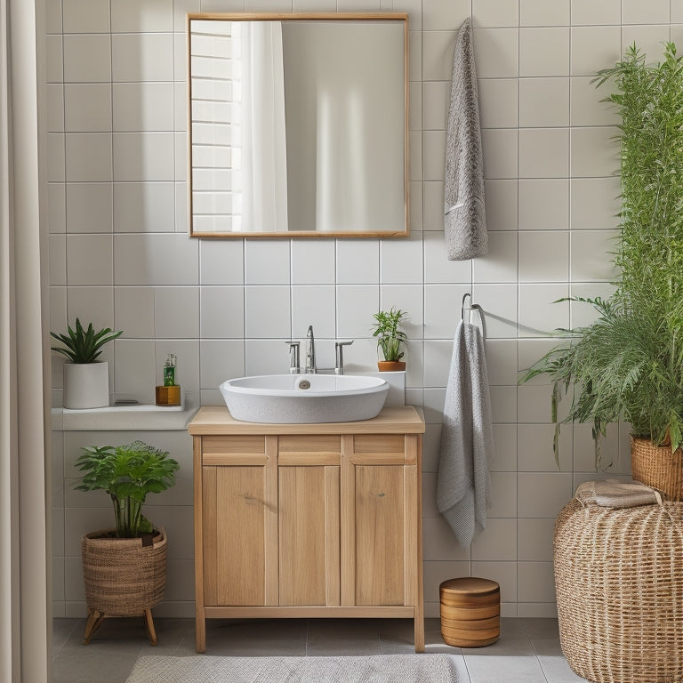 A serene bathroom with a bamboo storage cabinet against a light gray wall, holding rolled towels and a few decorative plants, surrounded by a minimalist sink and a small mirror.