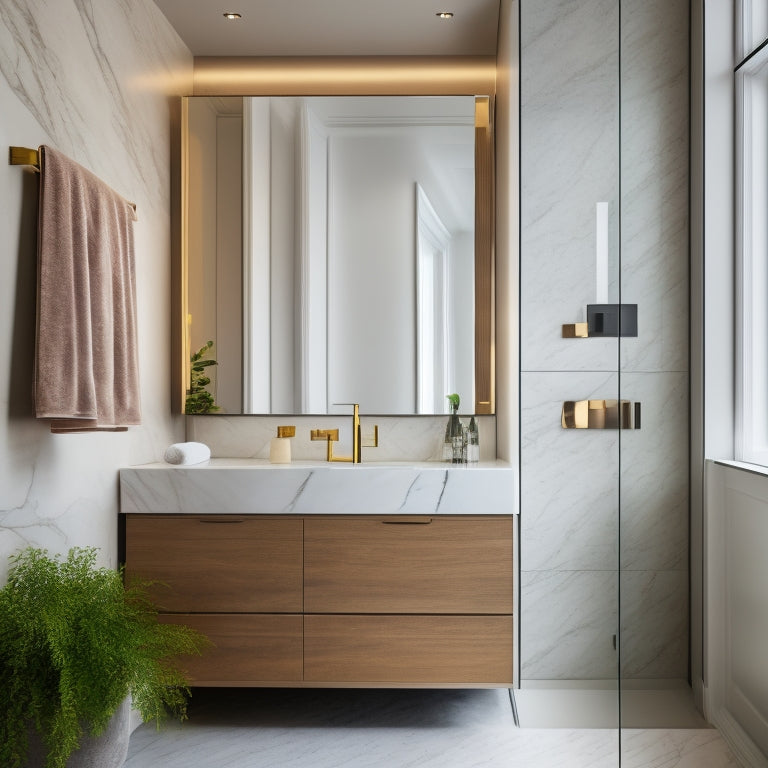 A sleek, modern bathroom with a large, wall-mounted storage mirror cabinet featuring soft-close doors, LED lighting, and a demister pad, surrounded by marble countertops and a freestanding tub.