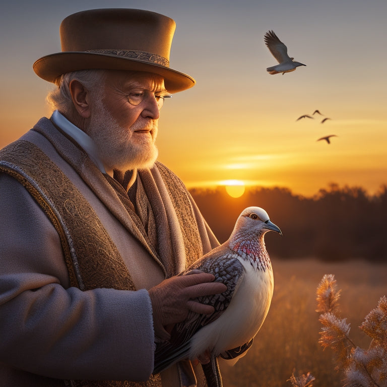 A regal, elder Frosty Westering stands against a warm, golden sunset, surrounded by fluttering dove-shaped papers, with a gentle, guiding hand extended, amidst a subtle, shimmering aura of wisdom and compassion.