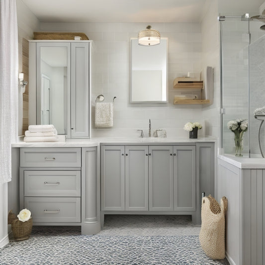 A serene, well-lit bathroom with a double sink vanity, featuring a wall-mounted cabinet with mirrored doors, a recessed shelving unit, and a woven storage basket on the countertop.