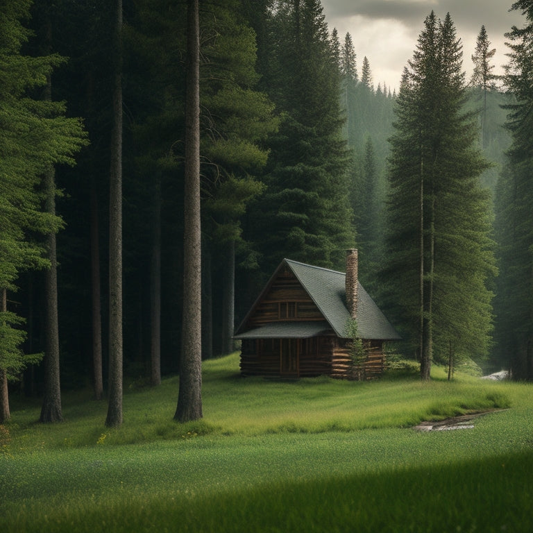 A serene forest surrounded by towering evergreen trees, a rustic wooden cabin with a sloping roof and a stone chimney, smoke gently rising, set amidst a lush green meadow with a winding stream.