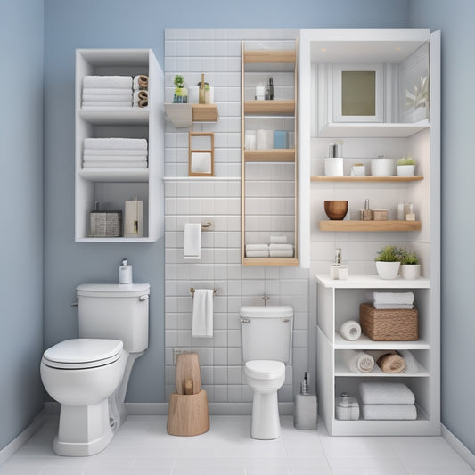 A stylized illustration of a small bathroom with 5-7 different corner shelf designs, showcasing varying materials, shapes, and sizes, against a clean white background with subtle shadowing.