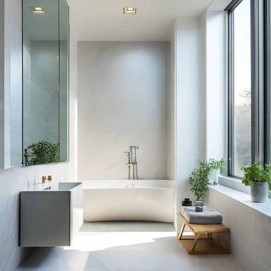 A minimalist bathroom with a freestanding tub, wall-mounted sink, and rain showerhead, surrounded by large format marble tiles, a floor-to-ceiling window, and a sleek, LED-lit mirror.