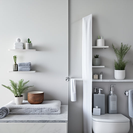 A minimalist, modern bathroom with soft gray walls, featuring three floating shelves in a staggered formation, holding a few rolled towels, a small potted plant, and a few decorative bottles.