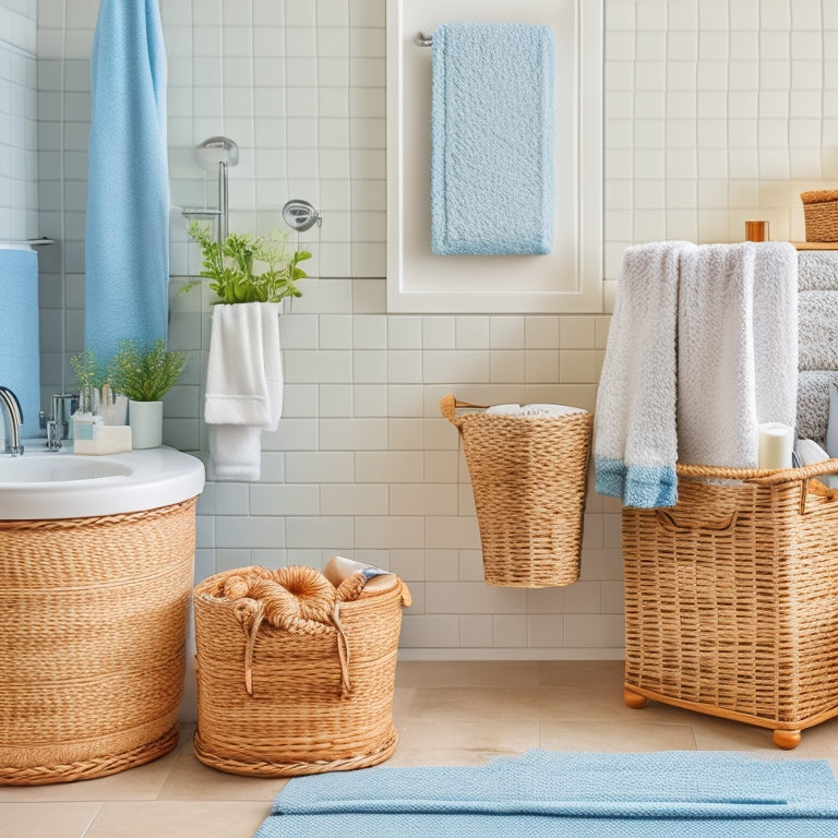 A bright and airy bathroom with a mix of woven and rattan storage baskets in various shapes and sizes, filled with rolled towels, toiletries, and decorative shells, against a soft blue background.