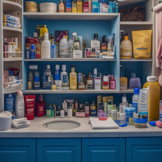 A messy bathroom cabinet with open doors, cluttered shelves, and overflowing countertops, featuring a jumble of toiletries, towels, and beauty products in various shapes, sizes, and colors.