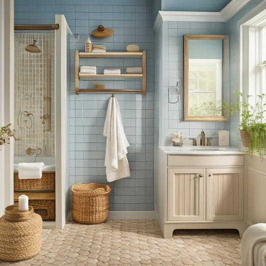 A serene bathroom with a wall-mounted cabinet featuring soft-close drawers, a freestanding tub surrounded by woven baskets, and a decorative ladder leaning against a tiled wall, holding rolled towels.