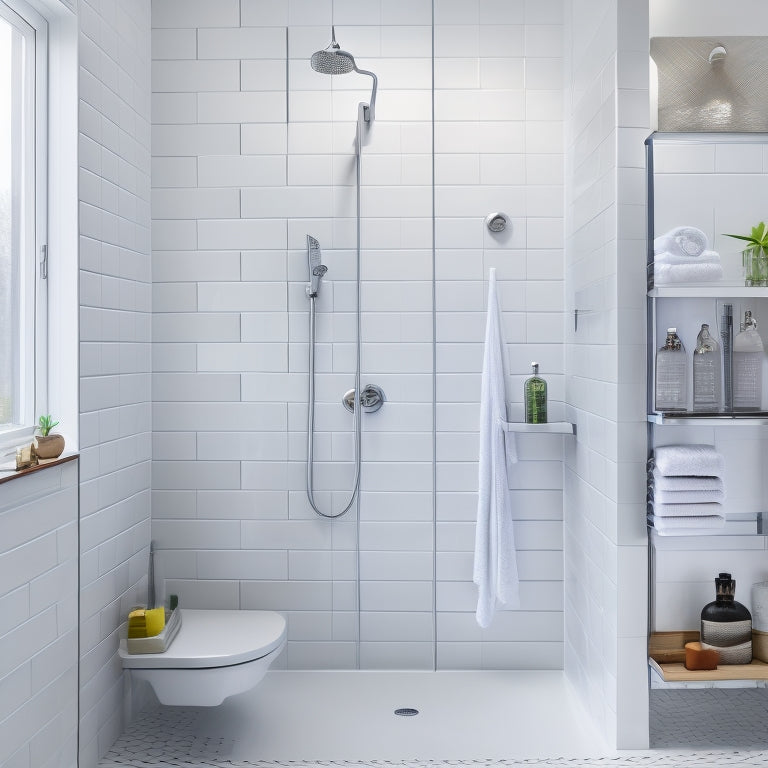 A modern bathroom with a sleek, wall-mounted shower organizer featuring multiple tiers of chrome shelves, a built-in soap dish, and a rainfall showerhead, surrounded by gleaming white tiles.